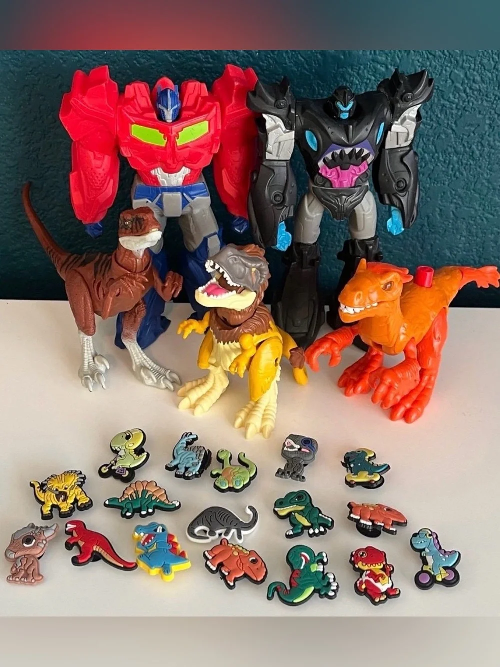 Jurassic World Pyrorapter Transformers Sharkticon Optimus Prime Croc Charms